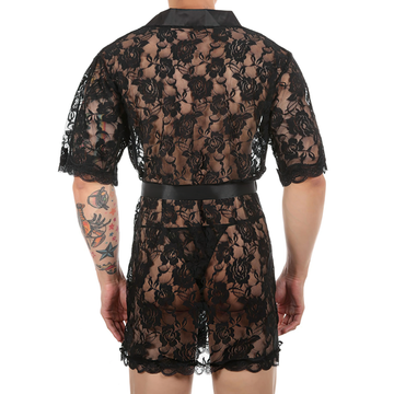 Men's See-Through Lace Night Robe / Half Sleeve Bathrobe / Male Loungewear - EVE's SECRETS